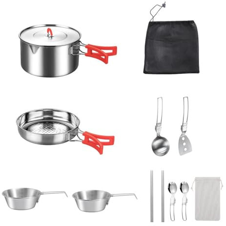Camping Töpfe und Pfannen Set, Outdoor Töpfe und Pfannen Camping Edelstahl Tragbare Campingküche Set, Inklusive Aufbewahrungstasche für Wandern, Wohnmobil