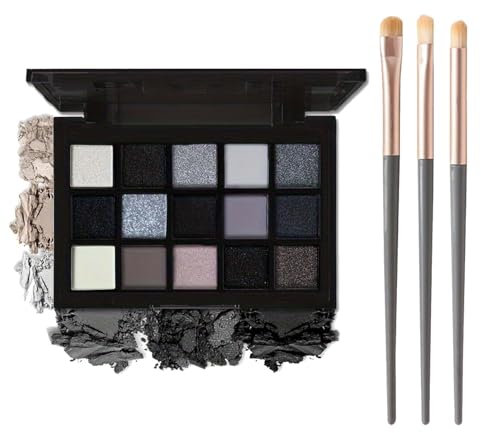 Goth Lidschatten Palette, 15 Farben Smoky Eyeshadow Palette Schwarz, Matt Schimmer Lidschatten Palette mit 3 Pinsel, Wasserfest, Hochpigmentiert Gothic Make Up Palette für Tägliche & Halloween Makeup