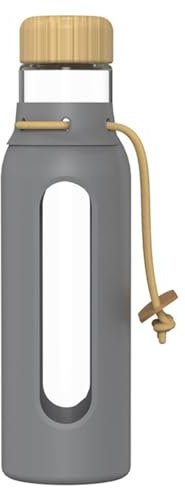 HY3 650ml/22oz Glass Water Bottle with Bamboo Lid, Borosilicate Glass, Pink, Carrying Strap (Storm Gray)