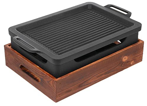 Mikinona Aluminium-grillplatte Mit Holzunterlage Antihaft Teppanyaki Steakpfanne Für Bbq Und Herd Schwarz