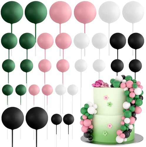 ASTARON 32 Pcs Ball Cake Topper Decorations Mini Balloons Birthday Cake Toppers Foam Balls Sticks Witch Themed Party Decorations Witch Party Cake Picks Decorations (Pink Green Black)