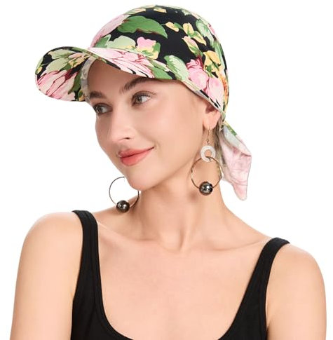 ZLYC Damen Sommer Chemo Headwear Brim Visor Hat Beanie-Mütze(Rosa Blume Schwarz),Einheitsgröße