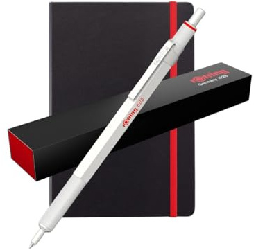 Rotring 600 Metallic Ballpoint Pen with A5 Deluxe Notebook| Medium Point | Black Ink | Pearl White Barrel with Non-Slip Knurled Grip | Refillable | Classic Writing Gift Set for Office, Students, or Ev