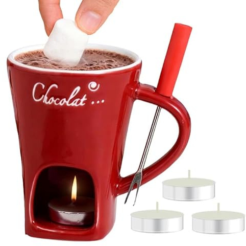 Hojalis Chocolate Fondue Mug Set with Fork & 3 Tealight Candles, 130ml Ceramic Chocolate Melting Cup, Personal Fondue Pot for Cheese, Candy, Snack, Ideal for Date Night Birthday Wedding Gifts (Red)