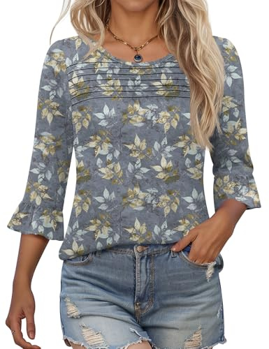 Kistore Womens Tops Summer 3/4 Sleeve Crew Neck Blouses Pleated Shirts | Summer Tops for Women UK,3/4 Sleeve Tops for Women UK,Tunic Tops for Women UK