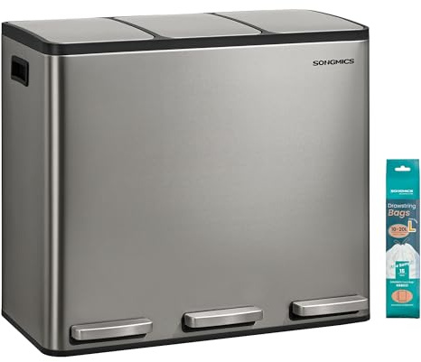 SONGMICS Cubo de Basura de Cocina de 3 x 18 L, con 3 compartimentos, 15 Bolsas, Cubos Extraíbles, Tapa, Asas, Cierre Suave, Acero Inoxidable, Plata LTB254EZ01