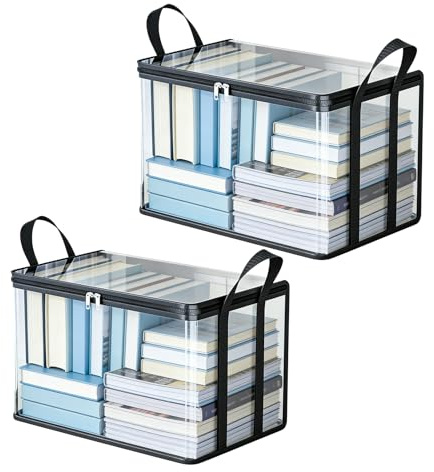 2-Pack Large Clear Book Storage Bags - Waterproof Plastic Comic Book Bin with Carrying Handles - Portable Book Display Case & Closet Organizer for Used Books, DVDs and Magazines - 15 x 9.5 x 12.5