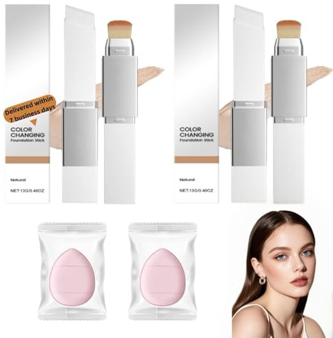 Fond de Teint Coréen,Fond de Teint Couvrant Imperfections,Fond de Teint Stick 2 en 1,Base De Maquillage Couvrante,Crème De Recouvrement Hydratante et Légère Avec Pinceau (Natural-2pc)