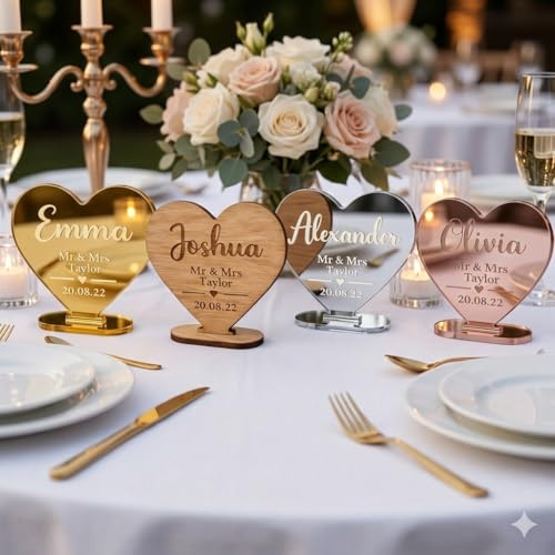 Personalised Heart Place Settings – Custom Name Table Place Cards in Gold, Silver, Rose Gold Mirror or Wooden – Wedding, Dinner Party, Anniversary & Event Table Decorations