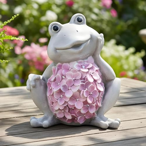 levandeo Dekofigur Frosch Grau Rosa Blüten Gartenfigur H21cm Kunststein Gartendeko Wohndeko Deko Blumen Frühlingsdeko Steinoptik