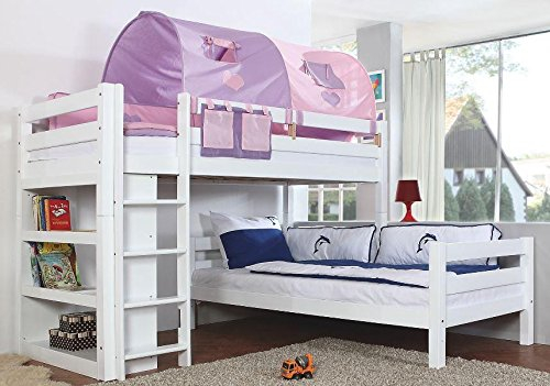 Froschkönig24 Etagenbett Beni L Kinderbett Spielbett Hochbett Bett Weiß Stoffset Lila/Rosa