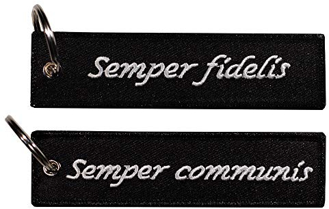 Café Viereck Schlüsselanhänger mit Öse und Ring – 12 cm x 3 cm (Semper fidelis semper communis)