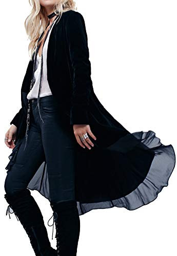 R.Vivimos Autunno Inverno Donne Velluto Ruffle Cappotto Casual Vintage Giacca Lunga Collarless Classico Swallowtail Hem Blazer(M,Nero)