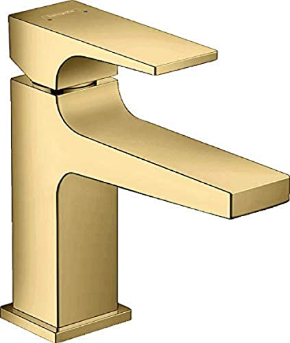 hansgrohe Wasserhahn Metropol, wassersparende Armatur mit langem Auslauf 127mm und Höhe 100mm mit Push-Open Ablaufgarnitur, Polished Gold Optik