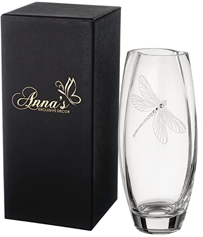 Handgefertigte Glasvase – verziert mit Kristallen von Swarovski + geätzte Libelle – in goldener Geschenkbox – klar, mundgeblasene Glasvase – 26 cm