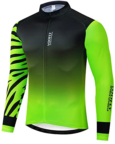 voofly Rennrad Trikot Herren, Langarm Radtrikot Fahrradtrikot für Herbst und Winter Funktionsshirt Farbverlauf Grün Schwarz M