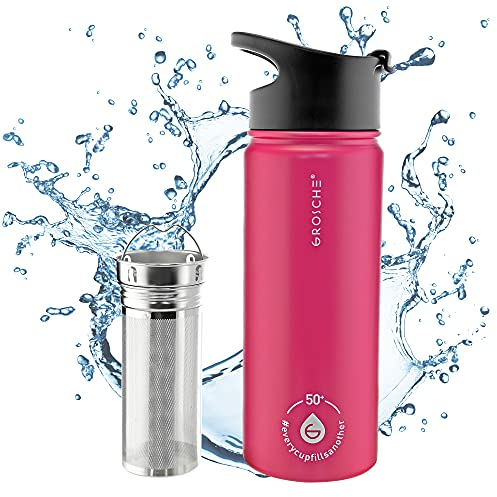 GROSCHE Chicago Steel Infuser Bottle, Tea Infuser Flask (Fuchsia), water bottle infuser hot and cold brew maker stainless steel tumbler 16 fl oz