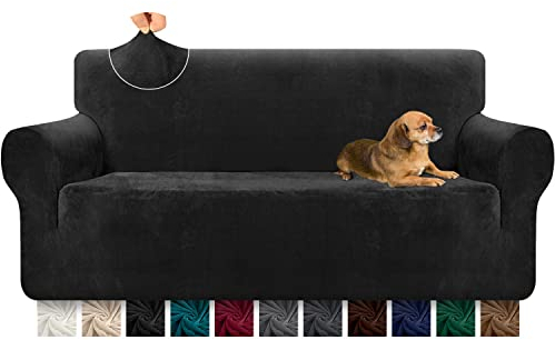 Granbest Super weiche Samt Sofabezug 3 Sitzer 1 Stück stilvolle Luxus Plüsch Sofabezug mit Schaumstoffstäben Spandex verdickt Möbelschutz Couchbezug (3 Sitzer,Schwarz)