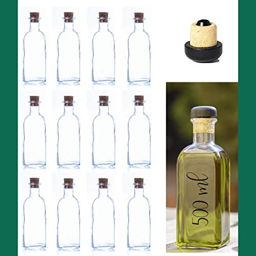 ESENCIA ANDALUSI Botellas vacías de 500 ml Botella de Vino Botella de Licor Botella de Aceite Botella de vinagre de Cristal, 0,5 litros, Botella corcho (Caja 12 Und Tapón Corcho)