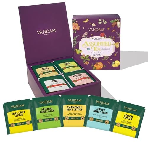 VAHDAM, Coffret De Thés Assortis (24 Saveurs, 24 Sachets) | Coffret Cadeau D'Infusion De Thé | Sachets De Thé Assortis | Tisane, Thé Vert, Thé Chai, Thé Noir | Cadeau pour Femme et Homme