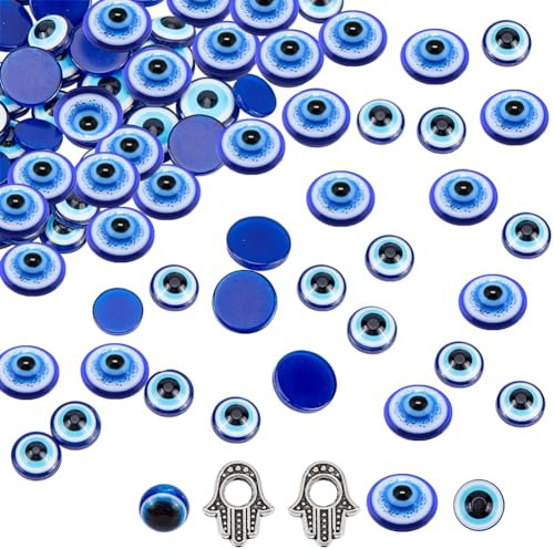 NBEADS 202 Pcs Evil Eye Beads Set, 200 Pcs 2 Sizes Flat Back Evil Eye Cabochons 2 Pcs Hamsa Hand and 1 Pcs Round Evil Eye Resin Bead for DIY Jewelry Making Kit