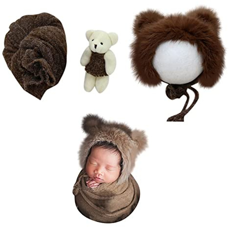 Uposao 3 Pcs Accessoires De Photographie De Nouveau-néinfantile Bébé Photographie Prop Wrap Chapeau Moelleux Ours Poupée Ensemble Nouveau-né Accessoires Photo Tenues
