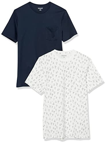 Amazon Essentials Camiseta de manga corta con bolsillo, cuello redondo y corte ajustado Hombre, Pack de 2, Azul Marino/Estampado de Barcos, XL