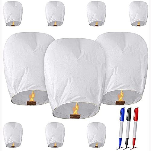 WOLONG 10pcs Linternas Chinas del Cielo, Linternas de Papel Volador 100% biodegradables ecológicas Linternas de oración Linternas de Deseo flotantes Blancas Chinas puramente Hechas a Mano