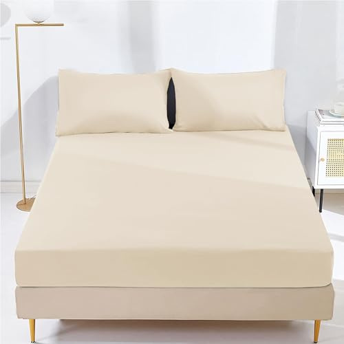 AR Ware 25 cm Double Fitted Sheet - Super Soft Wrinkle Free Microfiber Bed Sheets - Non Iron Breathable Plain Dyed Fitted Sheets (Cream)