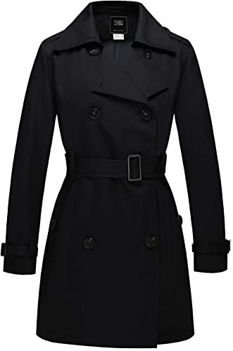 Wantdo Femme Trench-Coat à Double Boutonnage Veste Coupe-Vent à Fermeture Boutonnée Manteaux Ceinturés Mi-Longue Poignets Réglables Épaulettes Noir 16