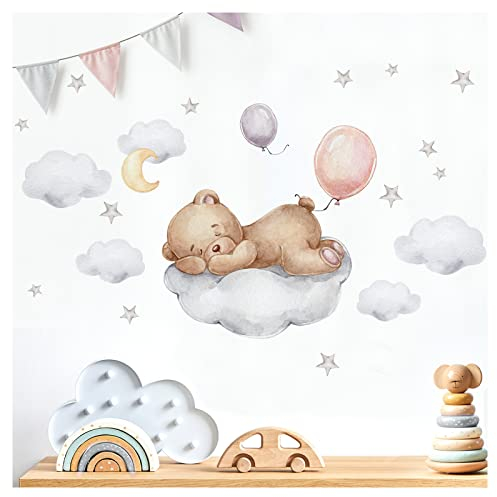 Little Deco Wandsticker Bär auf Wolke Wandtattoo Teddybär Luftballons Babyzimmer Schlafzimmer Wandaufkleber für Kinderzimmer Wanddeko DL871-6