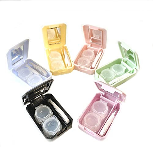 Contact Lenses Compact Travel Storage Case and Applicator Soaking Kit with Mirror Pastel Pink Lilac Yellow Green Blue Black (Yellow)