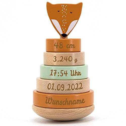 Elefantasie Personalisierter Stapelturm aus Holz von Trixie mit Namen und Geburtsdaten graviert Geburtsgeschenk Fuchs