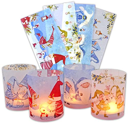FEENSTAUB Weihnachten Windlichthülle aus Transparentpapier [Handmade] Tischdeko Kerzenhülle 4er Set für Teelicht-Hülle, Windlicht, Licht-hülle Weihnachtsdeko Weihnachtswichtel für Weihnachtszeit