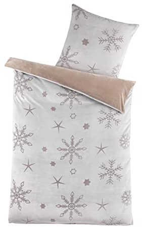 BaSaTex Plüsch Winter Bettwäsche Set Flausch Bettgarnitur Laserdruck Schneeflocke Cashmere Touch | 135x200 cm + 80x80 cm | Farbe Natur Beige