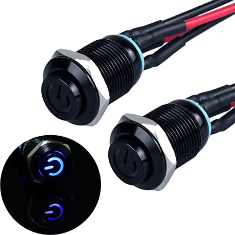 JIQI 2 interruptores de presión instantáneos impermeables de 12 mm a 24 V, 2 A, IP66, con iluminación LED, carcasa de metal negra, pulsador momentáneo con cables de conexión para coche DIY (cabeza