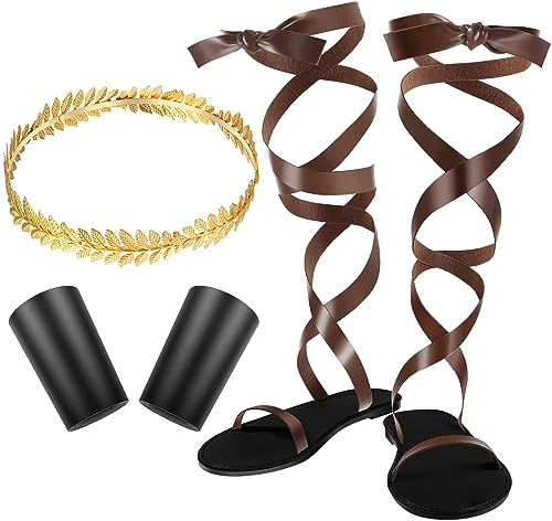 SATINIOR 3 PCS Halloween Men's Toga Roman Sandals Accessory Gold Laurel Head Wreath Wristband Set Leaf Crown Sandals Wristband(Vintage,US Men12= UK 11= 11.8 Inch)