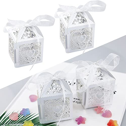 50 PCS Boîte à Dragées (5x5x7cm) Découpée pour Mariage - Blanches Boîtes Bonbon pour Invités, Décoration de Mariage, Baptême, Anniversaire
