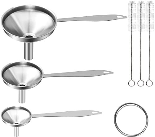 VOPTON Large Small Funnel Set of 3, Food Grade Mini Funnels for Kitchen Use Filling Bottles Liquor Flask Tiny Spice Cooking Powder, 7Pcs Metal Stainless Steel Funnel Long Handle, 3Pcs Cleaning Brushes