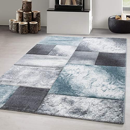 Carpetsale24 Teppich 140x200 cm – Kurzflor Konturenschnitt in Blau Grau Weiß – Kariertes Design, Waschbar, Pflegeleicht, Extra Weich – Für Wohnzimmer, Schlafzimmer, Esszimmer
