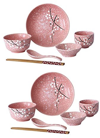 Cabilock 1 Juego Tazón De Cerámica Juego Vajilla Tazones De Arroz De Porcelana Vajilla De Flores Japonesas Floral Dinnerwear Conjunto Vajilla Platos Individual Estilo Japones Madera Japón