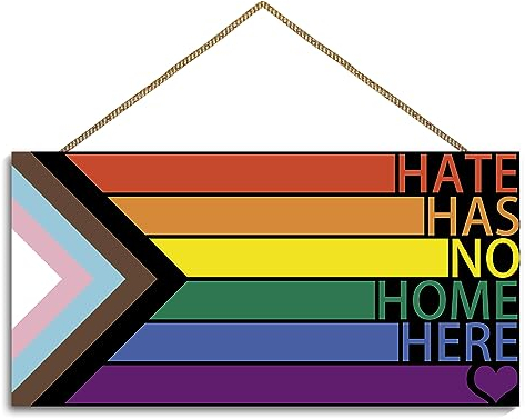 LGBT Regenbogenschild Haustür-Dekoration, Hate Has No Home Here Pride Flagge, Holzwanddekoration, Gay Pride, Regenbogen-Dekorationen für Zuhause, Wand, Veranda, Haustür, Klassenzimmer