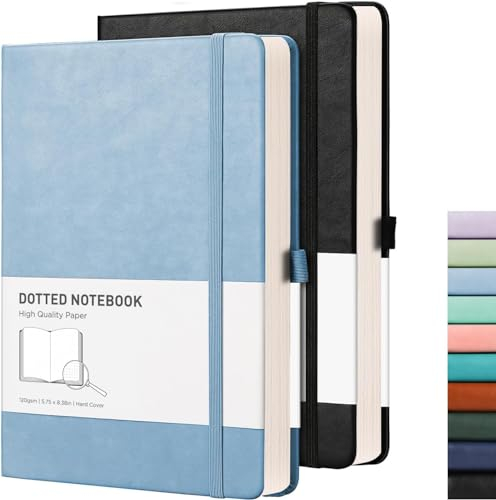 RETTACY A5 Dotted Notebook 2 Pack - Bullet Dot Grid Journal with 320 Numbered Pages Hardcover 120gsm Thick Paper, 8 Perforated Sheets, Pen Holder, Inner Pocket 14.5 x 21cm - Black LBlue