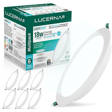 LUCERNA Downlight LED Empotrable 18W - Foco Interior Redondo Blanco Frío 6500K - 2100 LM - Plafón Techo Cocina Ф190-200mm - Pack de 6 Focos Encastrables