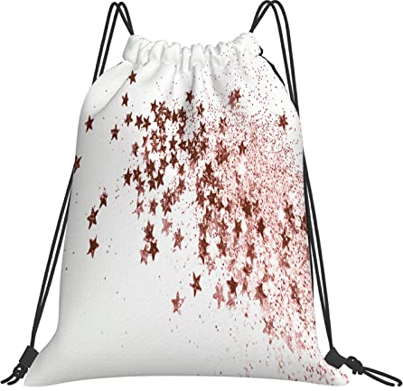 DELURA Rucksack mit Kordelzug,Rose Gold Glitter und glitzernde Sterne auf hellgrauem Hintergrund,Kordelzug-Sackpack für Sport, Yoga, Reisen, Cinch-Tasche mit Reißverschlusstasche