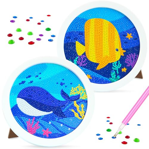 Diamond Painting Kinder, Diamant Painting Bilder Fisch und Wal, Diamontpating Set mit Rahmen, 5D Diamond Painting Mädche, DIY Diamant Malerei Frauen Geschenk, Basteln Erwachsene für Home Wand Decor