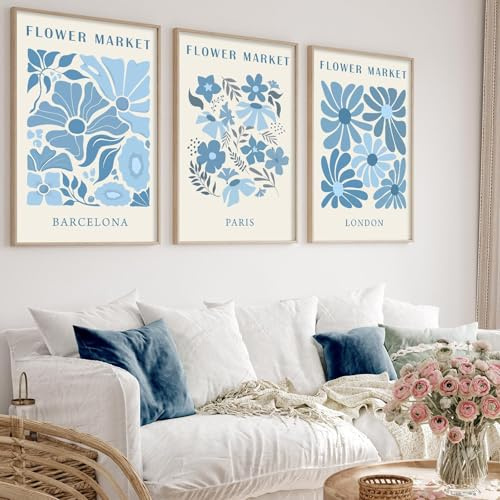 Floral Market Poster – adrette ästhetische Malerei für Schlafzimmer – Blauer Blumenmarkt Wandkunst – ungerahmt