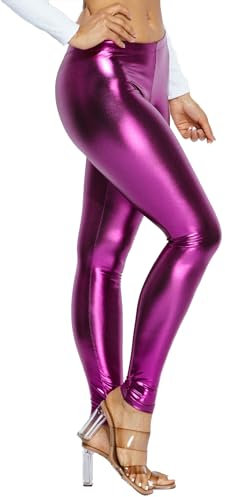 Ofenti Leggings metallizzati lucidi – a vita alta in finta pelle senza piedi collant pantaloni effetto bagnato skinny glamour, Viola, L