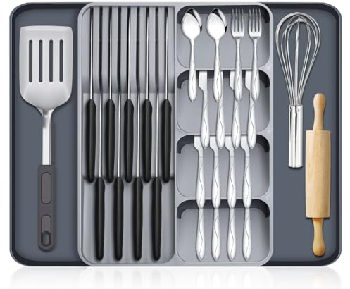Daffodily Organisateur de Tiroir pour Couverts, Plateau Ajustable et Extensible avec 8 Compartiments Spacieux pour Fourchettes, Cuillères, Couteaux (Range Couvert Avec Porte-Couteau)