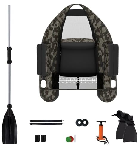 HOMASIS Schlauchboot, aufblasbares Angelboot mit Pumpe, Fischerboot mit Verstellbarer Rückenlehne, Belly Boat inkl. Alu-Paddel & Flossen, bis zu 160 kg belastbar, 136 x 105 x 54 cm (Flecktarn)